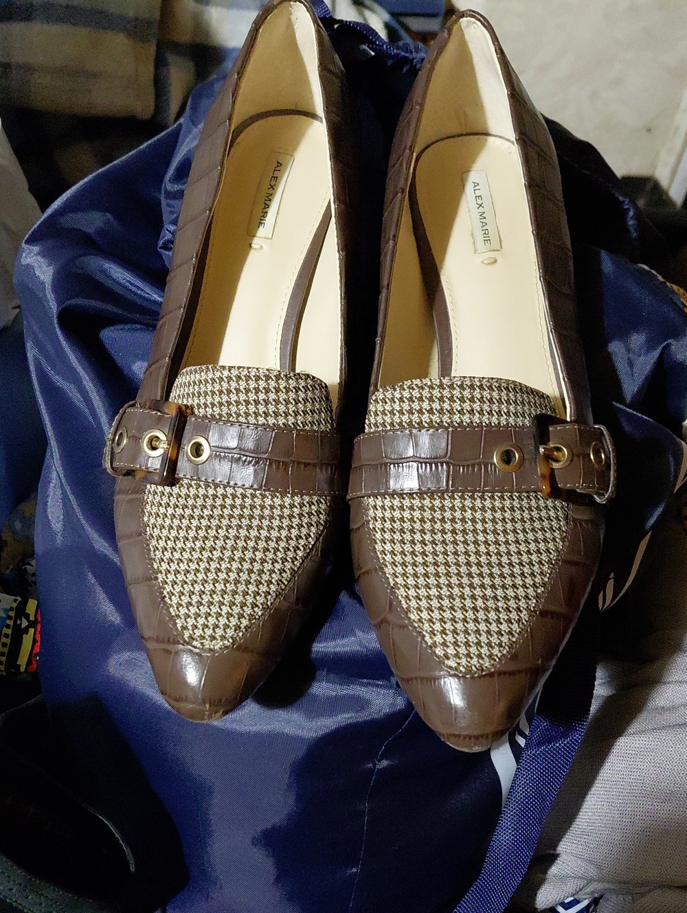 Alex Marie Brown Croc-Trim Houndstooth Pointed Loafers